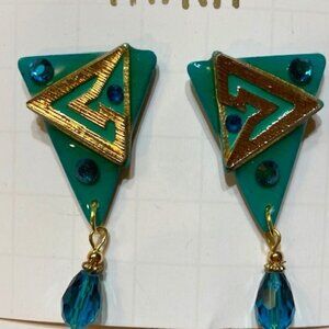 VINTAGE MAM SIGNED GREEN GOLD DANGLE EARRINGS PIERCED